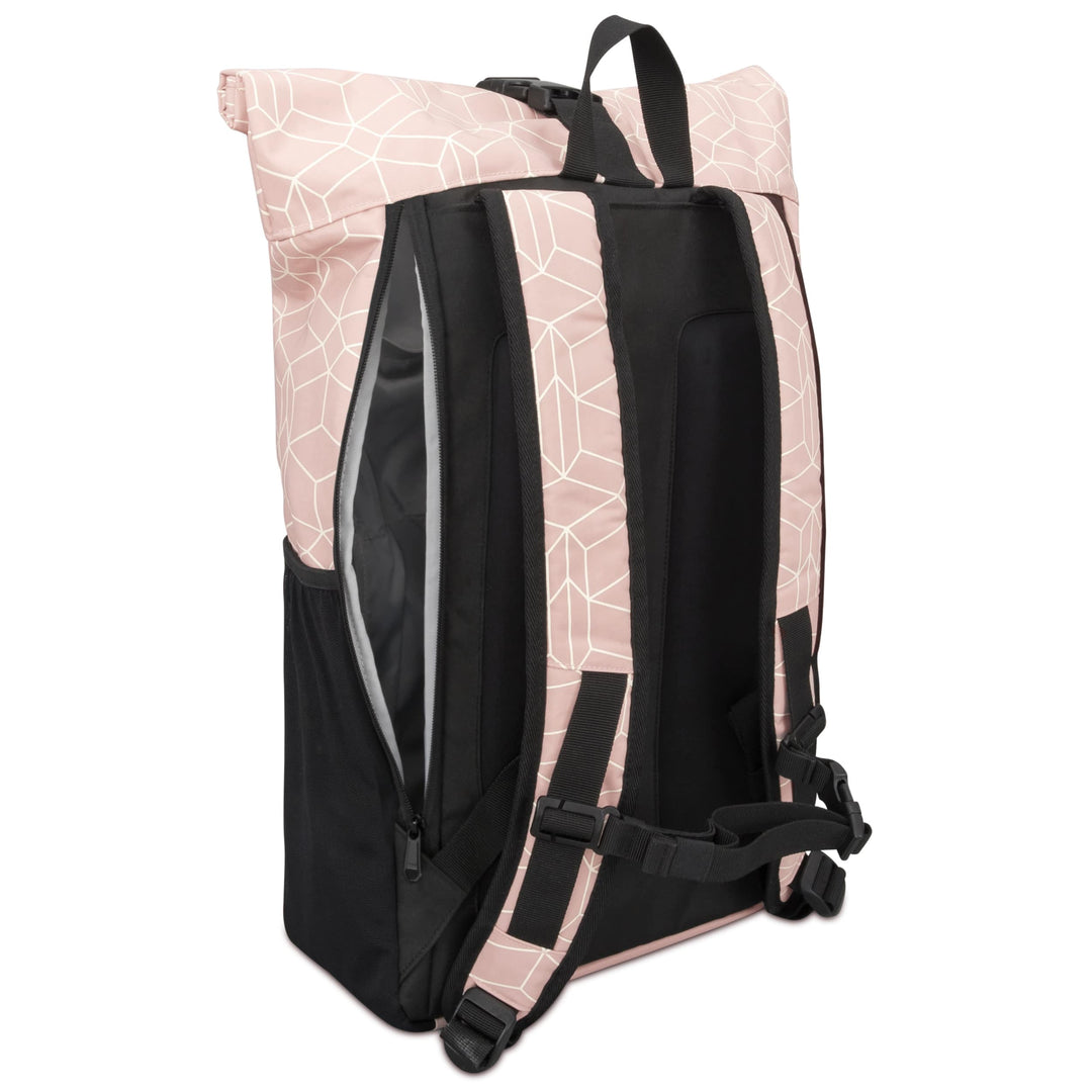 Rolltop Rucksack No 2 für Damen von LARKSON mit geometrischem Muster in Rosa und Weiß, mit gepolsterten Trägern und seitlicher Reißverschlusstasche