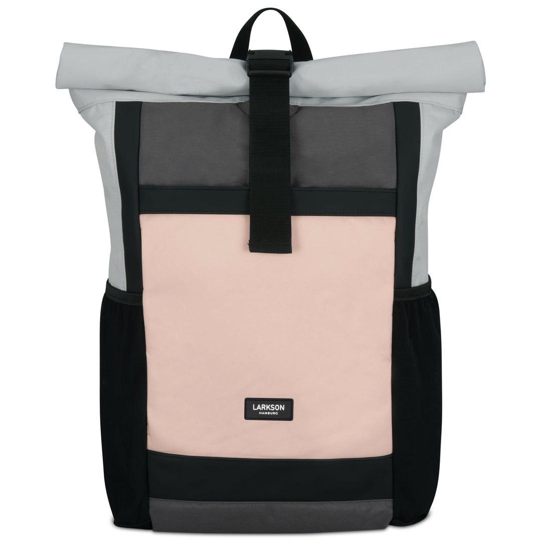 Rolltop Rucksack No 2 von LARKSON in Grau, Rosa und Schwarz mit seitlichen Netztaschen