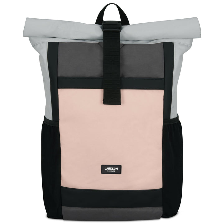 Rolltop Rucksack No 2 von LARKSON in Grau, Rosa und Schwarz mit seitlichen Netztaschen