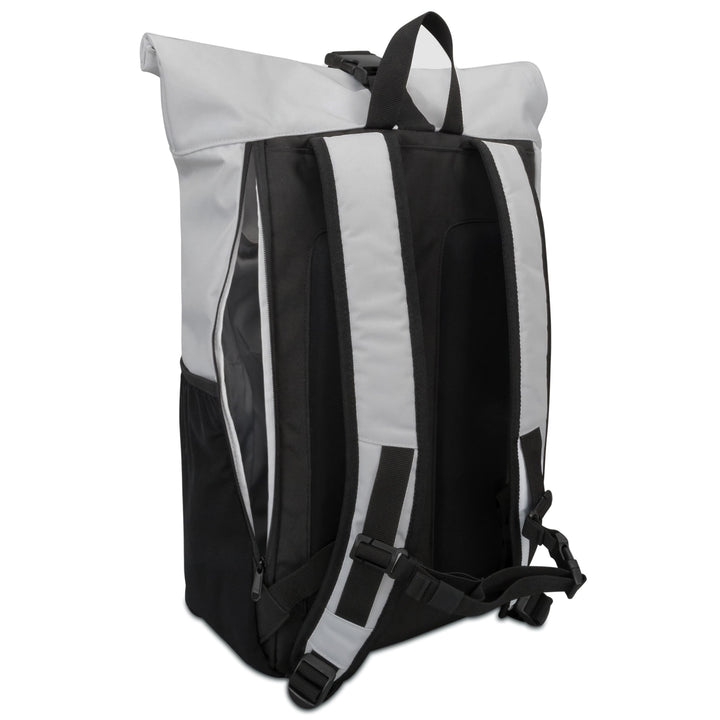 Rolltop Rucksack No 2 von LARKSON in Schwarz und Grau mit seitlichem Reißverschluss und gepolsterten Schultergurten