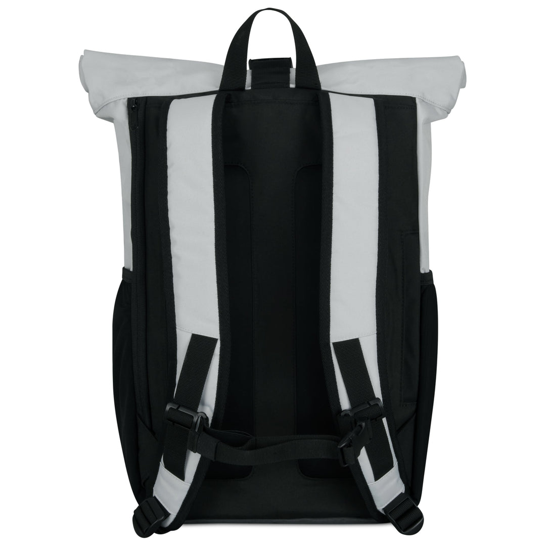 Rückansicht des gepolsterten Rolltop Rucksack No 2 mit verstellbaren Schultergurten in Schwarz und Grau