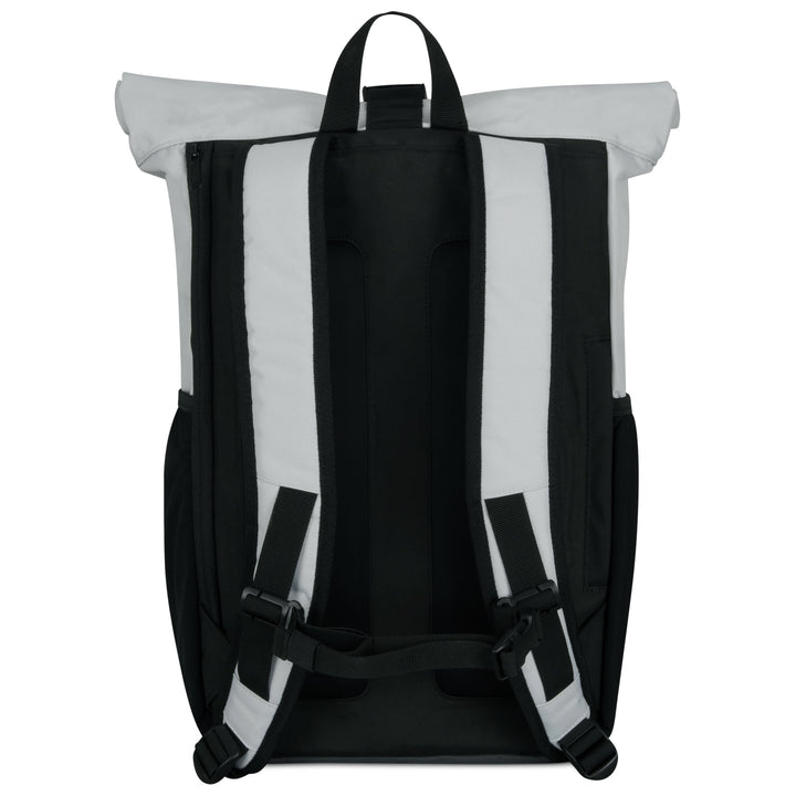 Rückansicht des gepolsterten Rolltop Rucksack No 2 mit verstellbaren Schultergurten in Schwarz und Grau