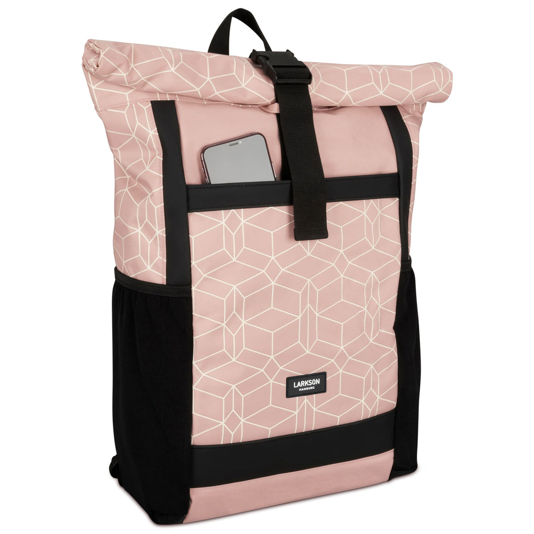Rolltop Rucksack No 2 von LARKSON in Rosa mit geometrischem Muster, schwarzem Verschluss und Außentasche mit Smartphone