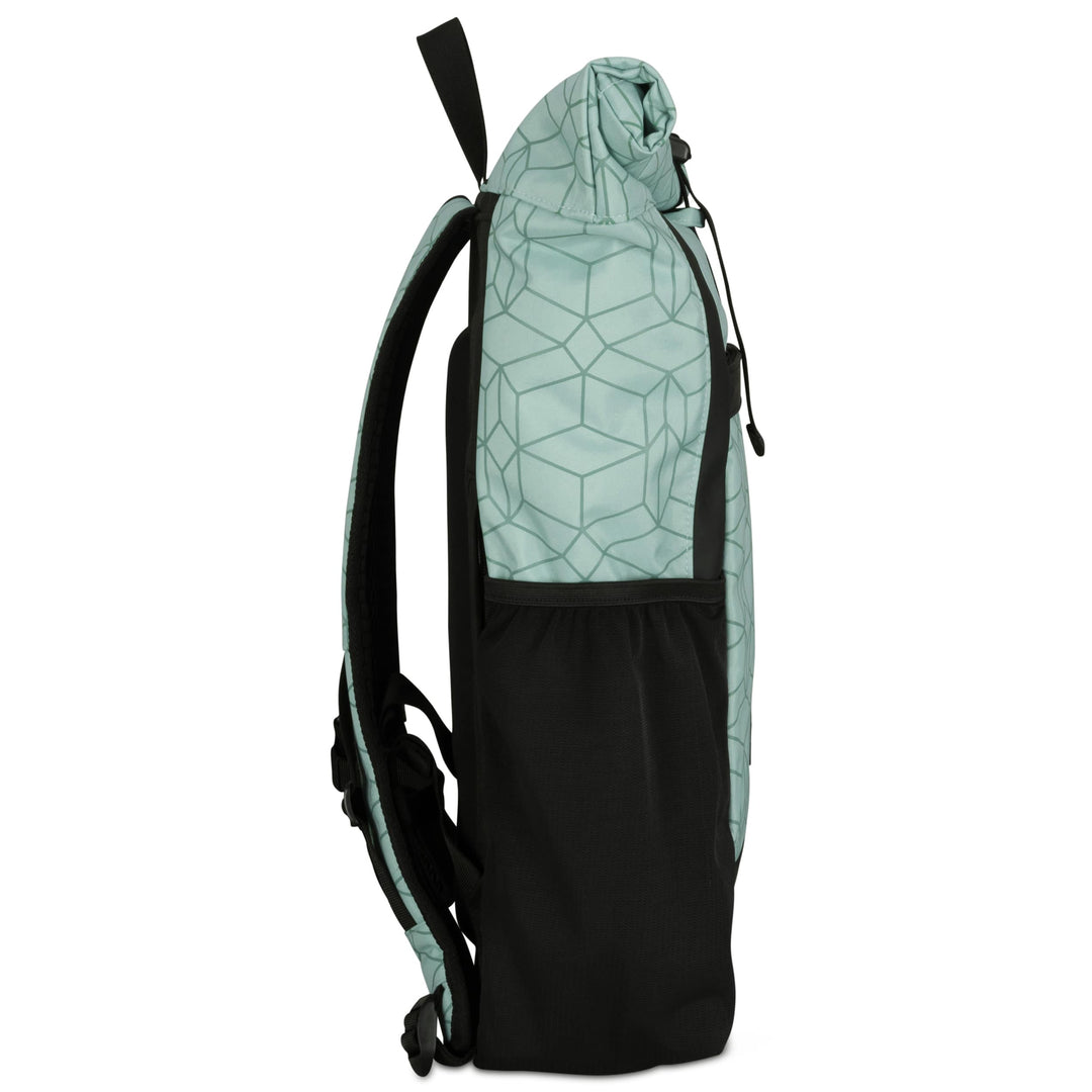 Rolltop Rucksack No 2 von LARKSON in Mintgrün mit geometrischem Muster und seitlicher schwarzer Netztasche
