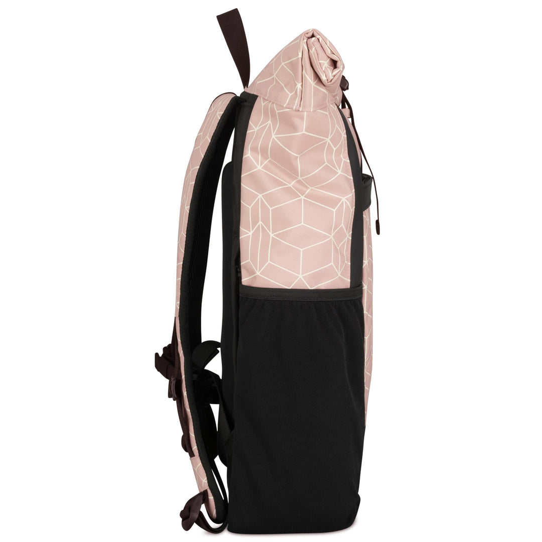 Rolltop Rucksack No 2 in rosa mit geometrischem Muster und schwarzer Seitentasche