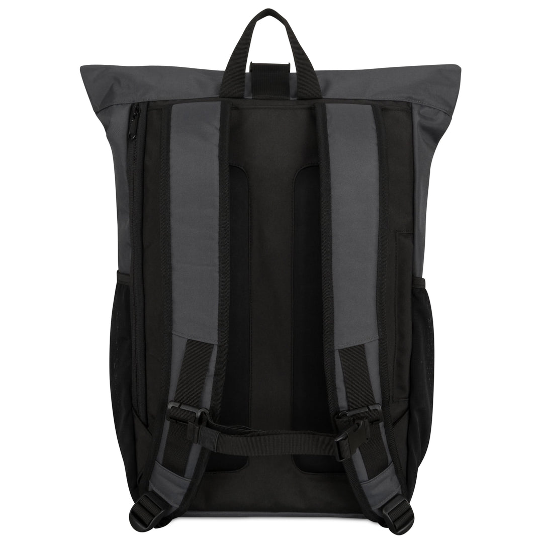 Rolltop Rucksack No 2 von LARKSON in Schwarz, Rückseite mit gepolsterten Schultergurten und Trageschlaufe