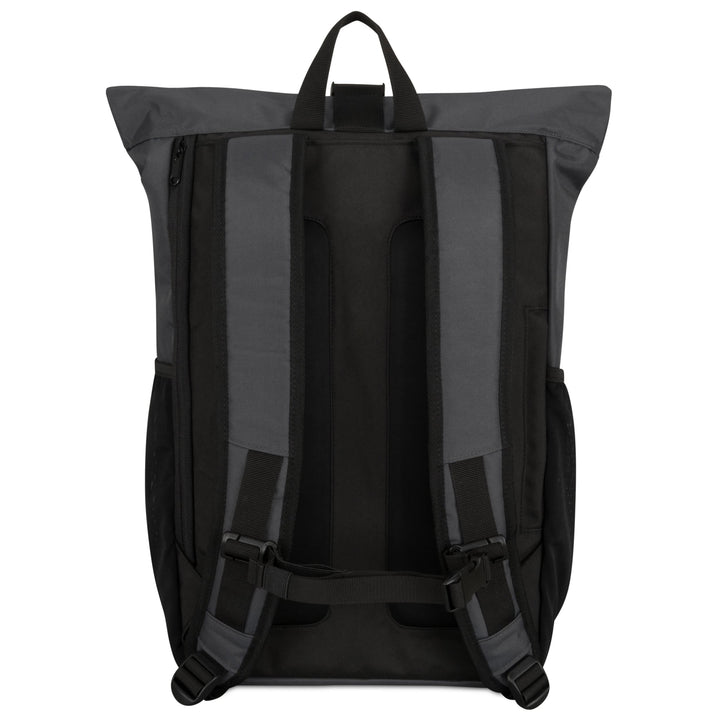 Rolltop Rucksack No 2 von LARKSON in Schwarz, Rückseite mit gepolsterten Schultergurten und Trageschlaufe
