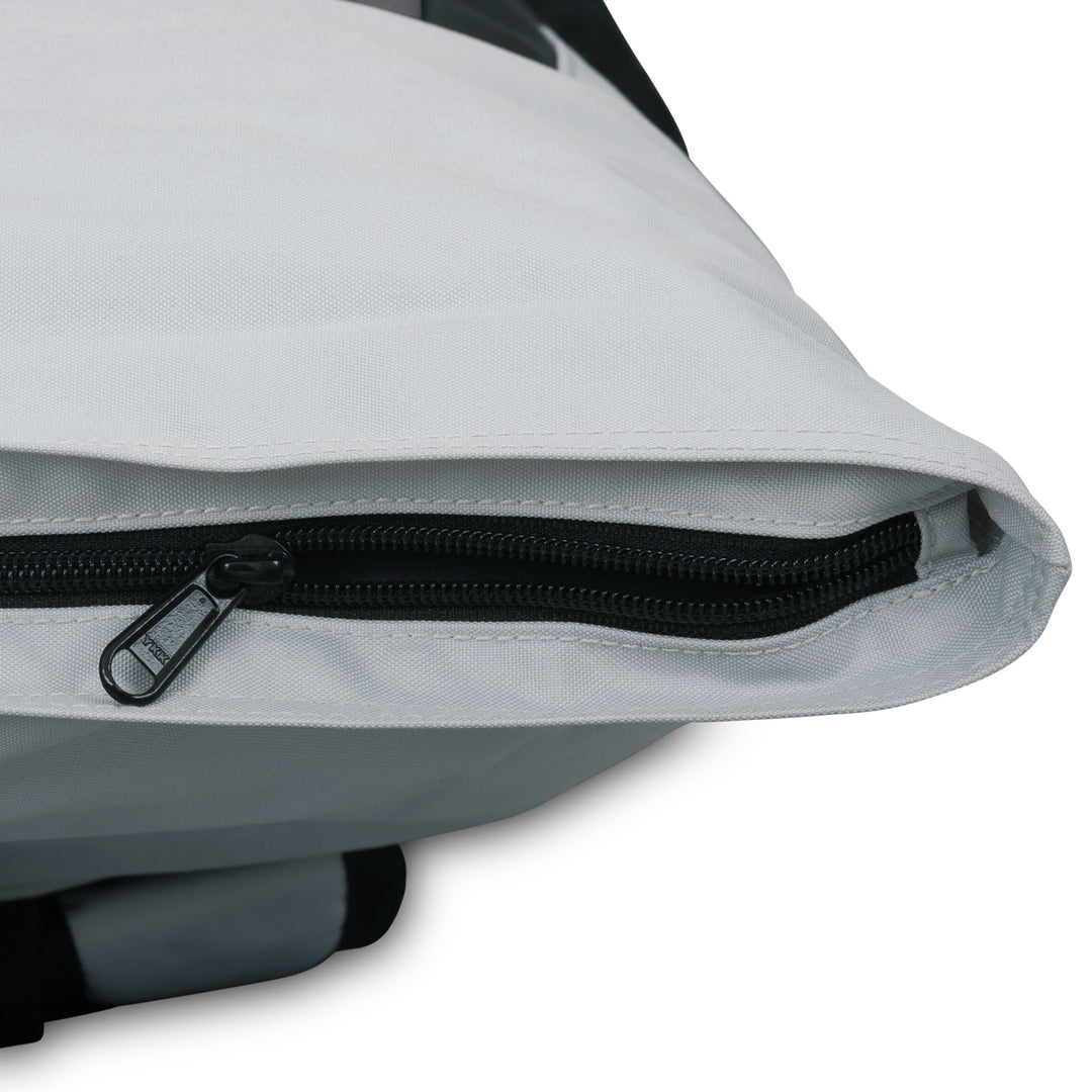 weißer Rolltop-Rucksack No 2 mit schwarzem Reißverschluss und sichtbar strukturierter Oberfläche