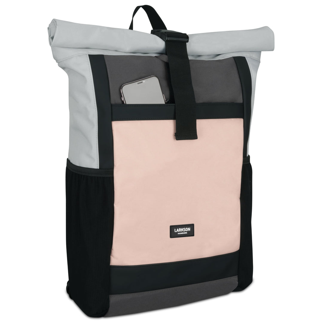 Rolltop Rucksack No 2 von LARKSON in Grau, Rosa und Schwarz mit Fronttasche und Smartphone