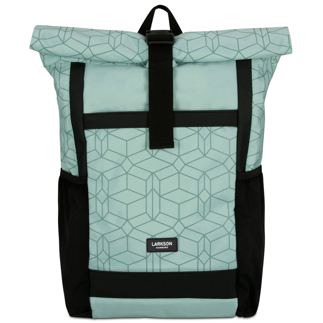 Mintgrüner Rolltop-Rucksack No 2 von LARKSON mit geometrischem Muster und schwarzen Akzenten