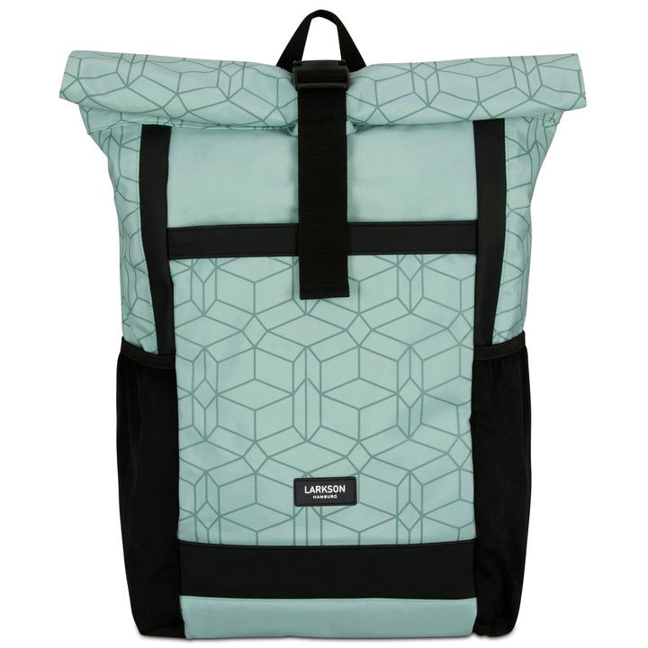 Mintgrüner Rolltop-Rucksack No 2 von LARKSON mit geometrischem Muster und schwarzen Akzenten