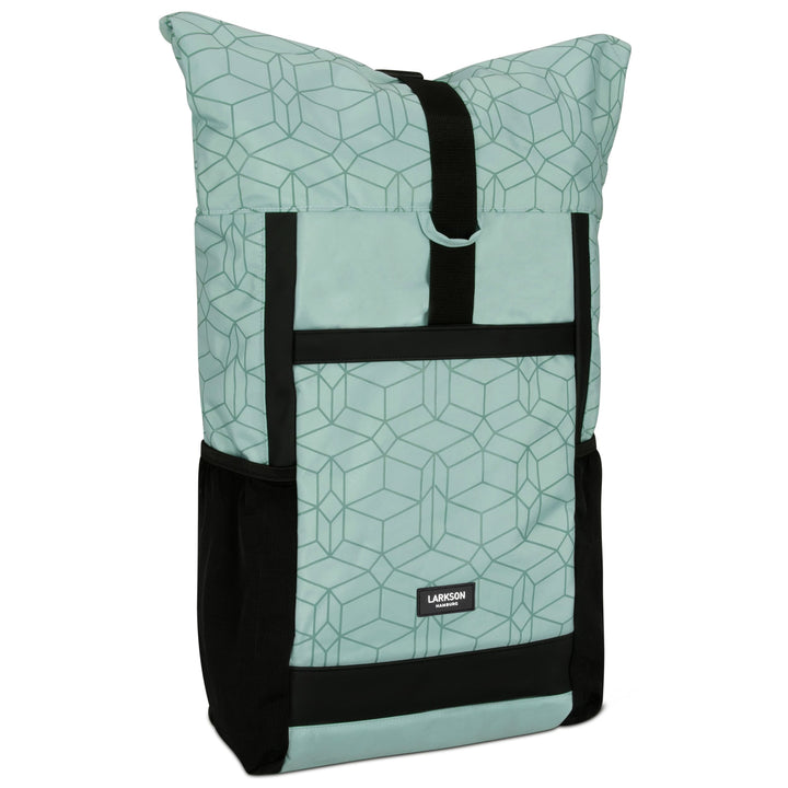 Mintfarbener Rolltop Rucksack No 2 mit geometrischem Muster und schwarzen Details von LARKSON
