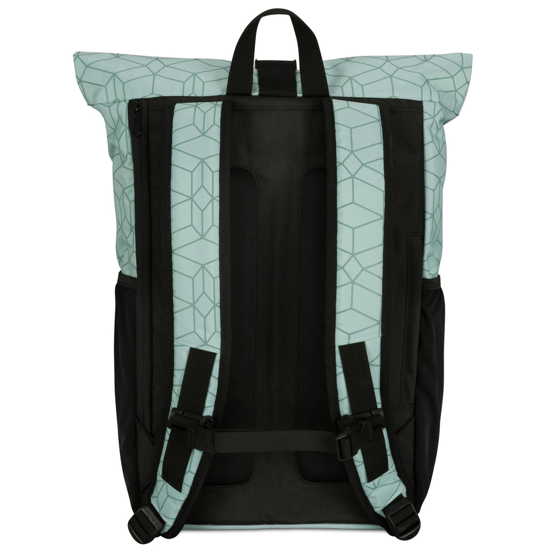 Rückseite des Rolltop Rucksacks No 2 in Mint mit schwarzem Muster und Tragegurten