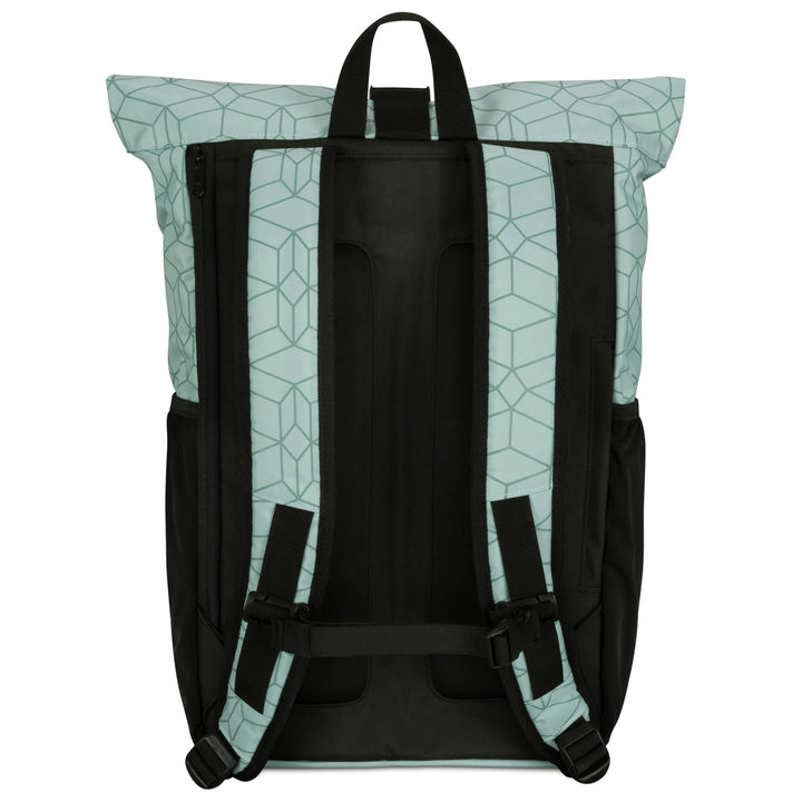 Rückseite des Rolltop Rucksacks No 2 in Mint mit schwarzem Muster und Tragegurten