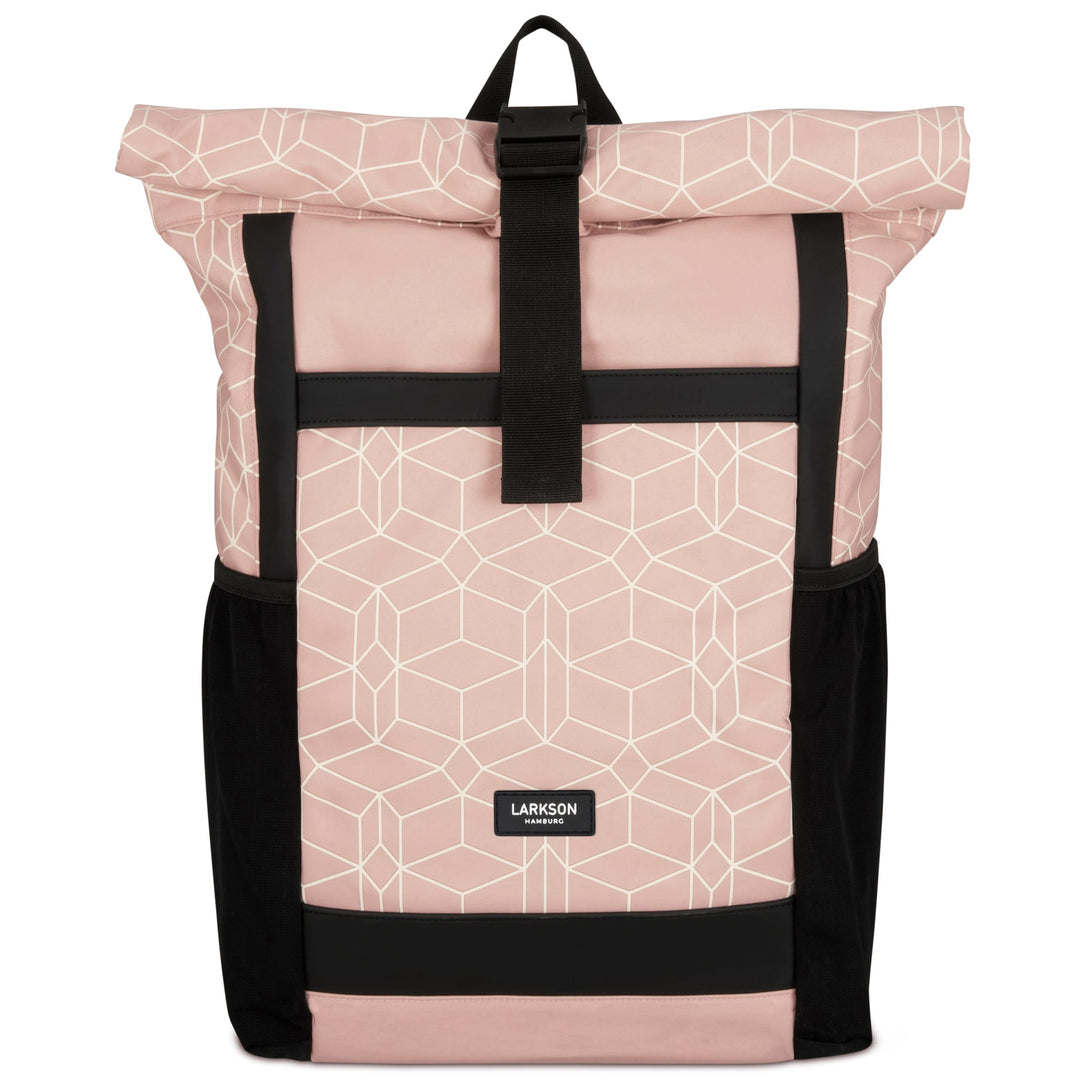 Rosa Rolltop Rucksack No 2 von LARKSON mit geometrischem Muster und schwarzen Details