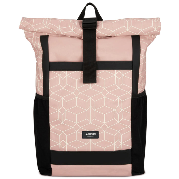 Rosa Rolltop Rucksack No 2 von LARKSON mit geometrischem Muster und schwarzen Details