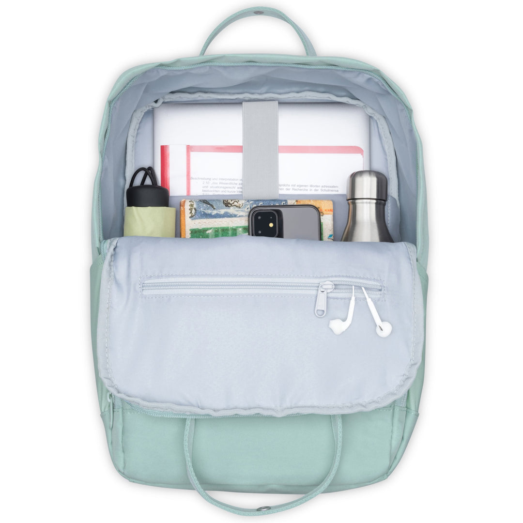 Mintfarbener Rucksack No 6 geöffnet mit Laptopfach, Smartphone, Wasserflasche und Kopfhörern