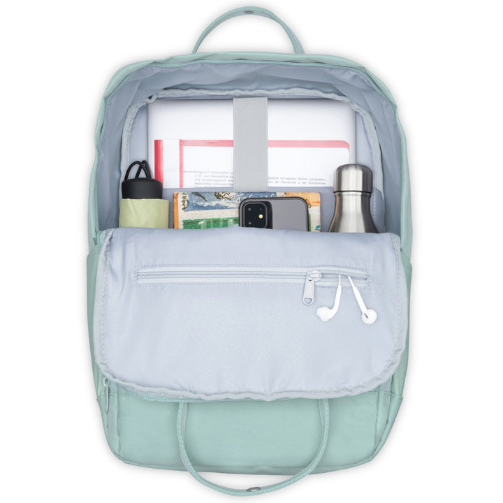 Mintfarbener Rucksack No 6 geöffnet mit Laptopfach, Smartphone, Wasserflasche und Kopfhörern