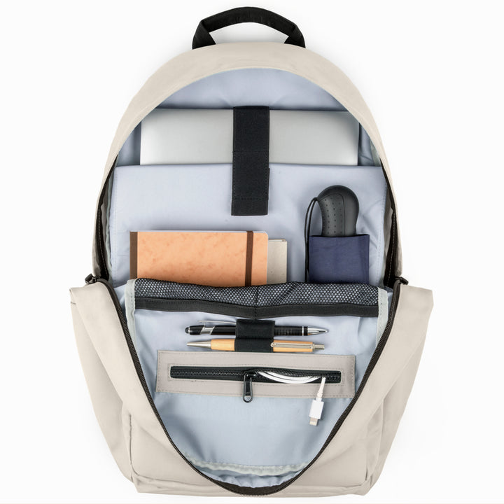 Beiger Rucksack No 3 mit Laptopfach, Notizbuch, Taschenlampe, Stiften und Reißverschlussfach