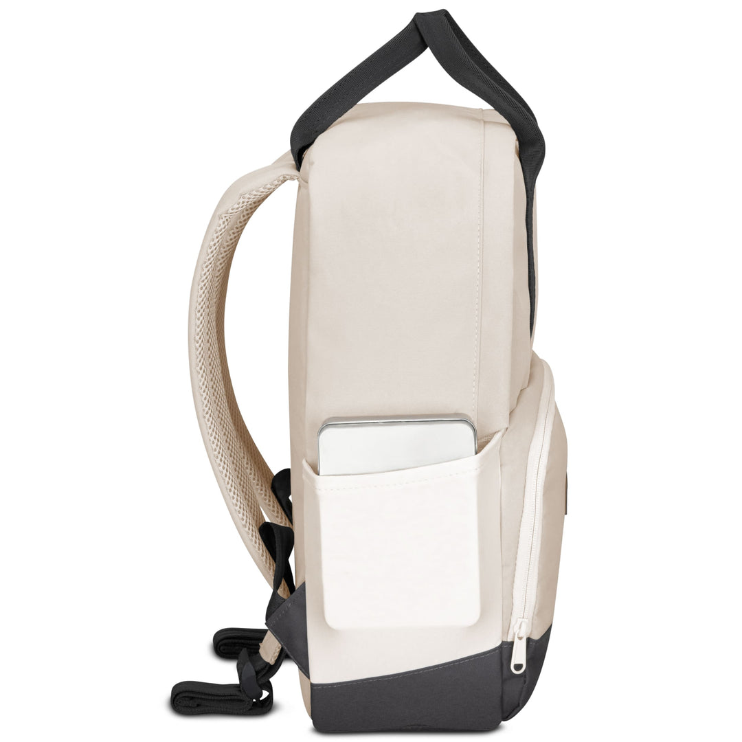 Beiger und grauer Rucksack No 6 mit seitlicher Außentasche und schwarzem Griff