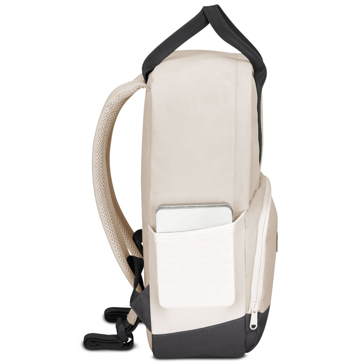 Beiger und grauer Rucksack No 6 mit seitlicher Außentasche und schwarzem Griff
