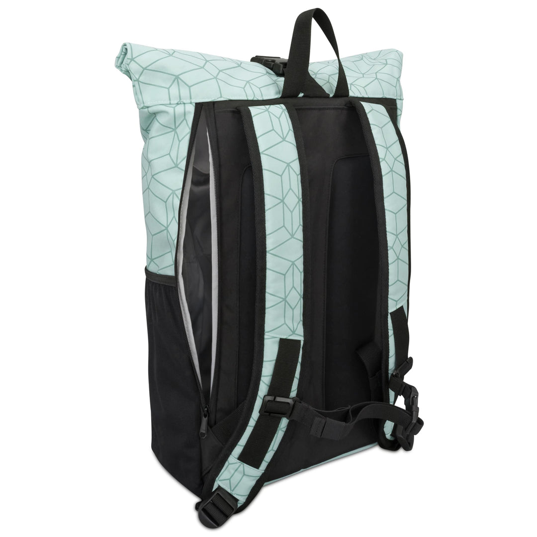 Rolltop Rucksack No 2 in hellem Pastell mit geometrischem Muster, gepolsterte Rückseite und verstellbare Gurte