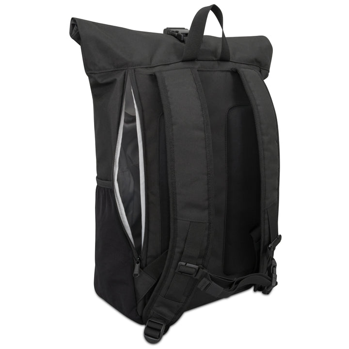 Schwarzer Rolltop Rucksack No 2 mit seitlicher Reißverschlusstasche und gepolsterten Schultergurten