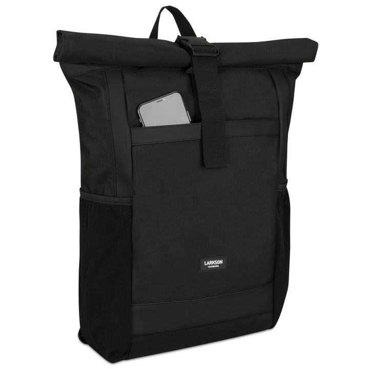 Schwarzer Rolltop Rucksack No 2 von LARKSON mit vorderer Tasche und Handyschlitz