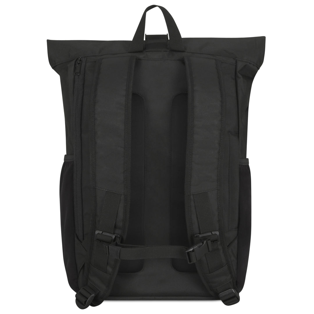 Schwarzer Rolltop Rucksack No 2 von Larkson mit gepolsterten Schultergurten und verstellbarem Brustgurt