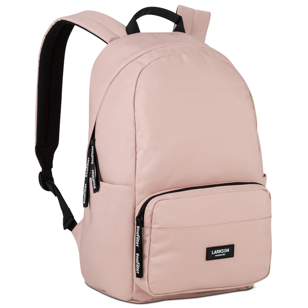 Rucksack No 3 von LARKSON in rosa mit Fronttasche und schwarzen Reißverschlusslaschen