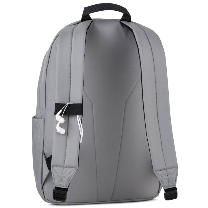 Grau gepolsterter Rucksack No 3 mit verstellbaren Schultergurten und Ohrhörern an einem Gurt