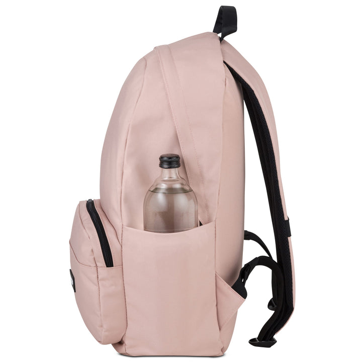 Rucksack No 3 von LARKSON in rosa mit seitlicher Tasche und Wasserflasche
