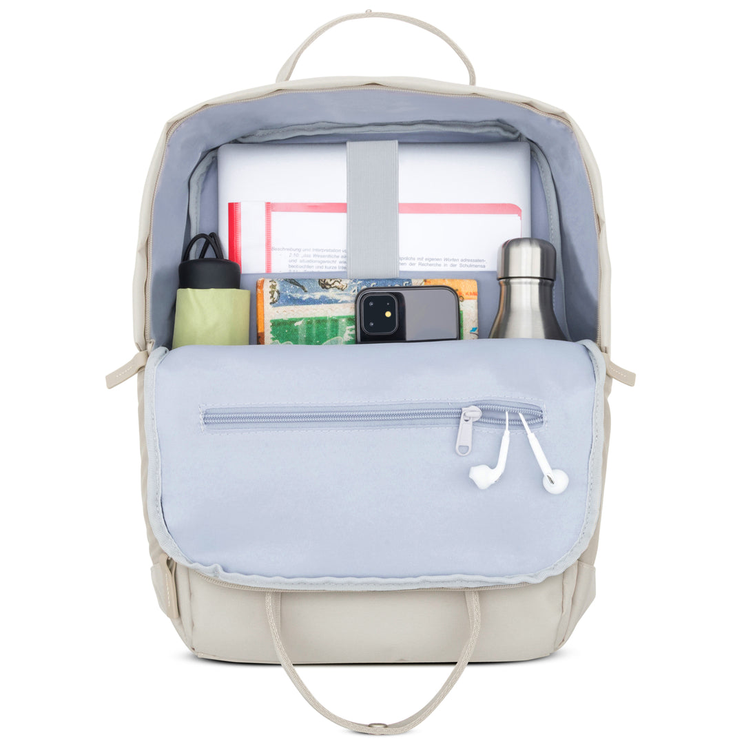 Beiger LARKSON Rucksack No 6 mit Laptop, Smartphone, Getränkeflasche, Buch und Kopfhörern