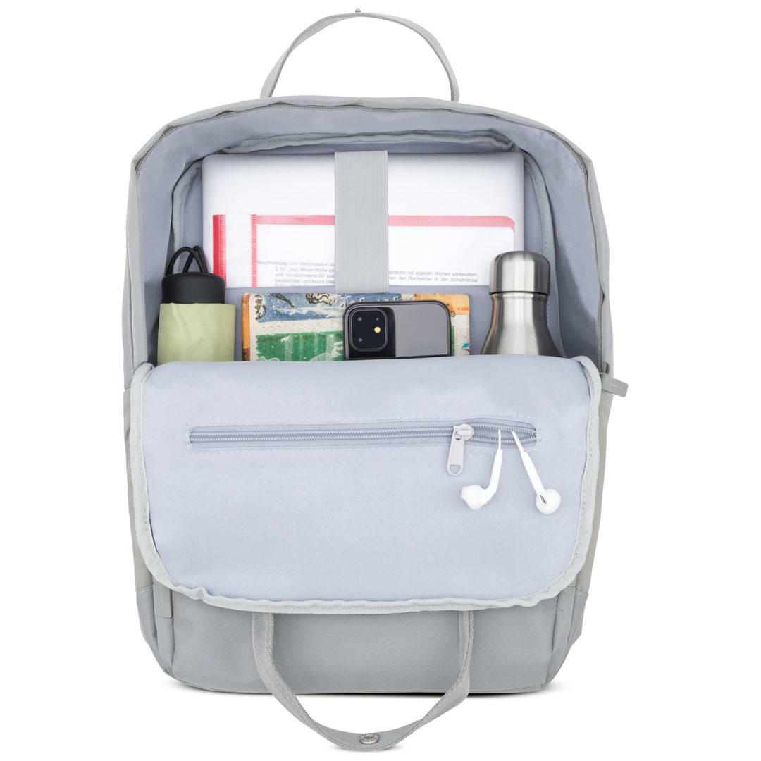 Grauer Rucksack No 6 von LARKSON offen mit Laptop, Buch, Handy, Wasserflasche, Regenschirm und Kopfhörern