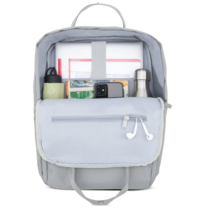 Grauer Rucksack No 6 von LARKSON offen mit Laptop, Buch, Handy, Wasserflasche, Regenschirm und Kopfhörern