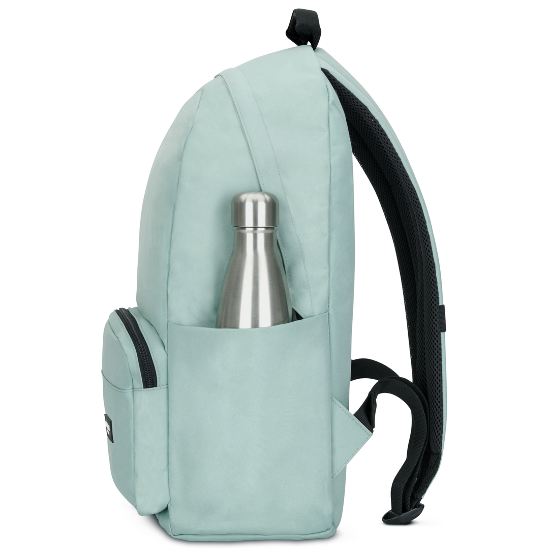 Mintfarbener Rucksack No 3 mit seitlicher Tasche und silberner Trinkflasche