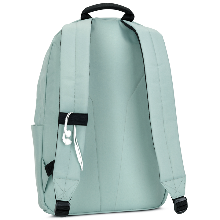 Mintfarbener Rucksack No 3 von LARKSON aus weichem Material mit gepolsterten Schultergurten und Ohrhörern an einer Schlaufe