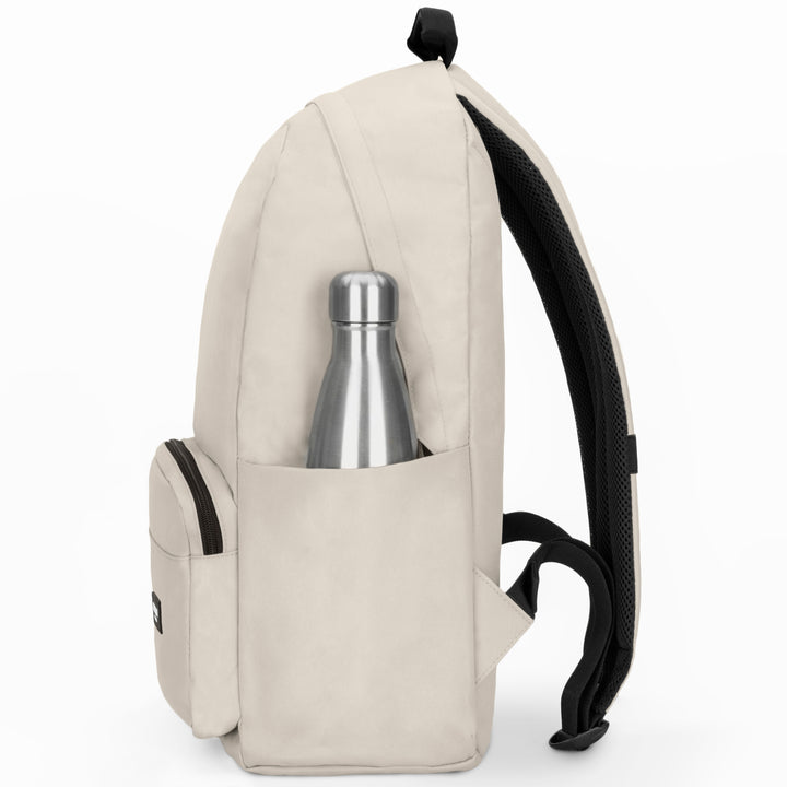 Beiger Schulrucksack No 3 mit schwarzem gepolstertem Rücken und Flaschenfach mit Metallflasche