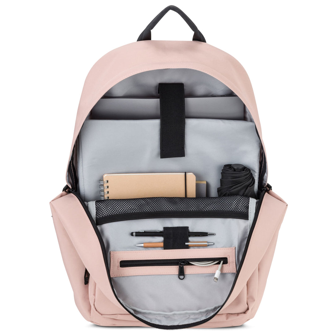 Geöffneter rosa Rucksack No 3 mit Fächern für Stifte, Notizbuch, Regenschirm und Kabel