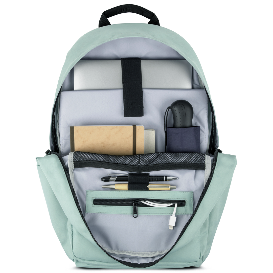 Mintfarbener Rucksack No 3 mit organisierter Innenaufteilung, Laptopfach, Notizbüchern, Stiften und Ladegerät