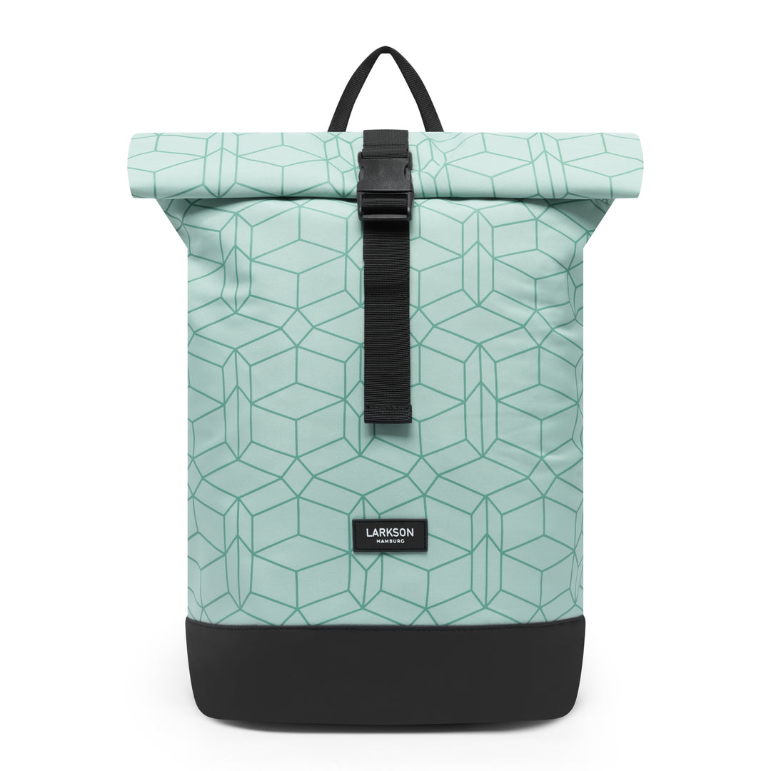 Rolltop Rucksack Janne Small von LARKSON, mintgrün mit geometrischem Muster und schwarzem Boden