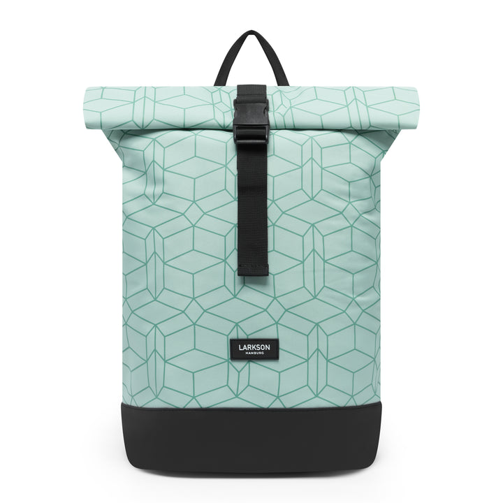 Rolltop Rucksack Janne Small von LARKSON, mintgrün mit geometrischem Muster und schwarzem Boden