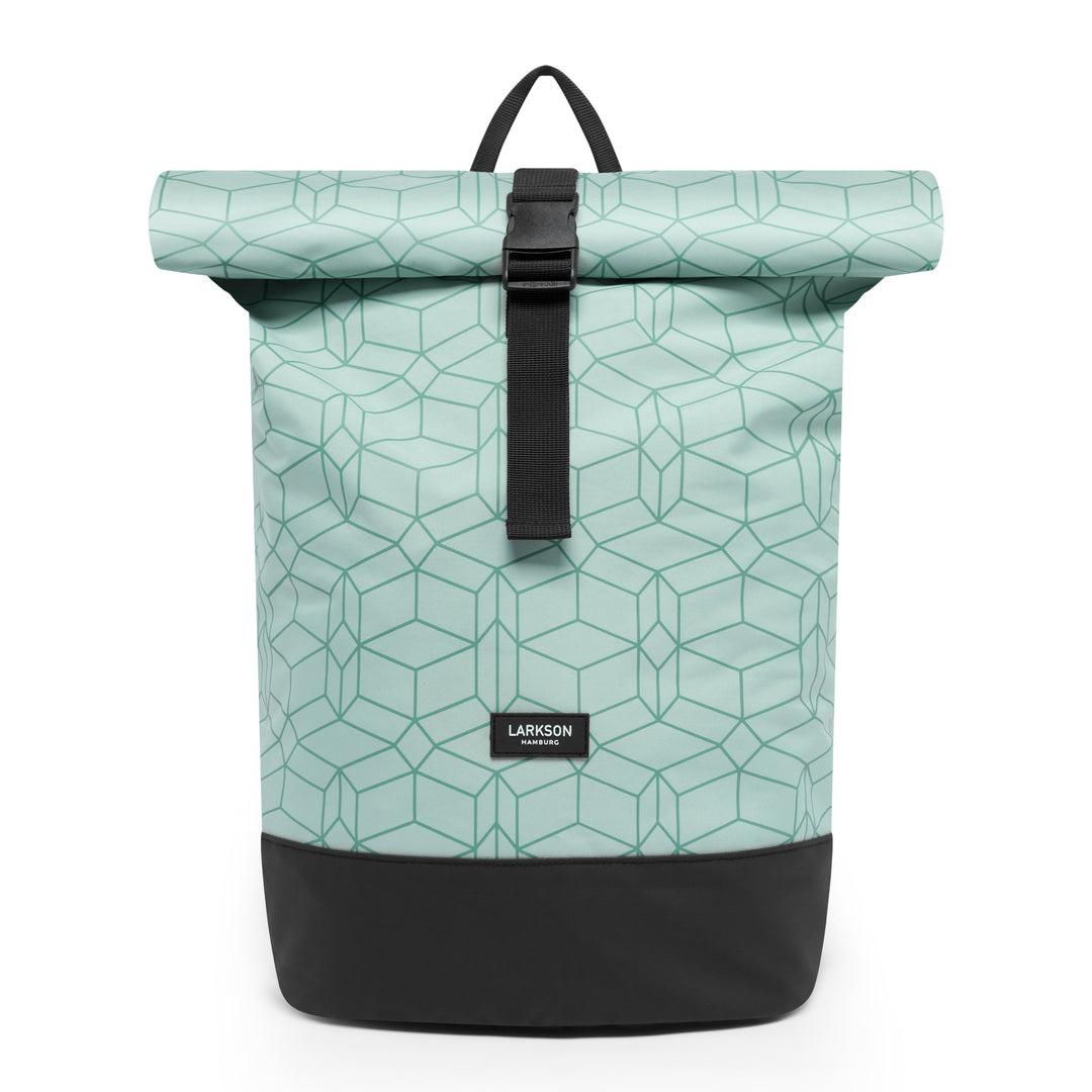 Mintgrüner Rolltop Rucksack 'Janne' von LARKSON mit geometrischem Muster und schwarzem Boden