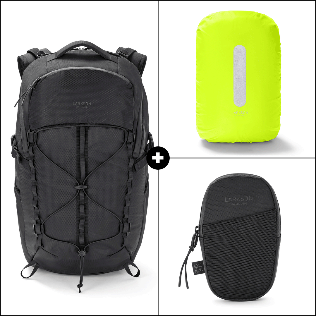 Animiertes Bild mit Wanderrucksack, Regenhülle und Smartphone Tasche.