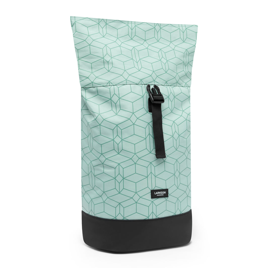LARKSON Rolltop Rucksack Janne mintgrün mit geometrischem Muster und schwarzem Boden