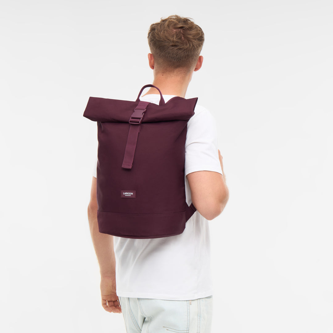 Mann trägt LARKSON Rolltop Rucksack Janne Small in dunkelrot, von hinten sichtbar