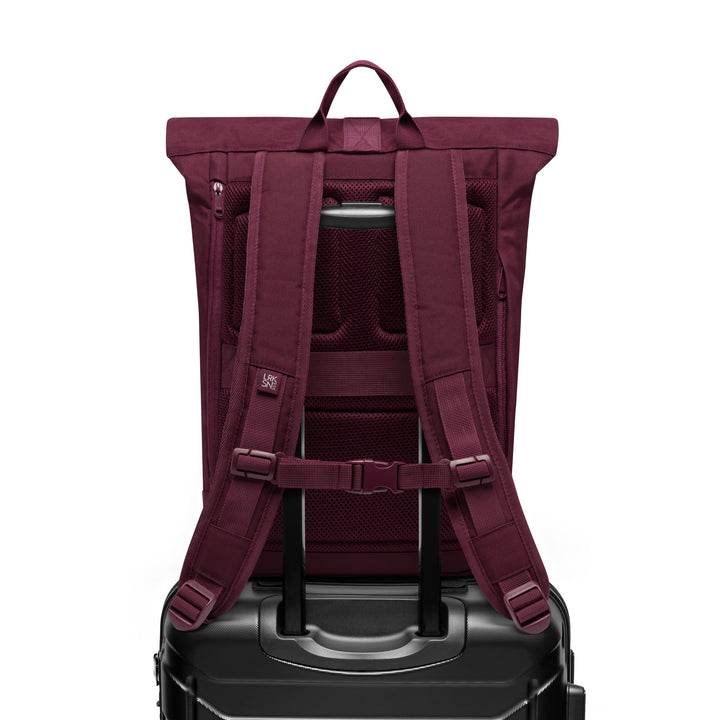 Rolltop-Rucksack Janne Small in Beerenfarbe mit gepolsterten Schulterriemen auf einem schwarzen Koffer befestigt