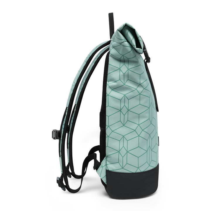 Mintgrüner Rolltop-Rucksack Janne Small mit geometrischem Muster und schwarzem Boden